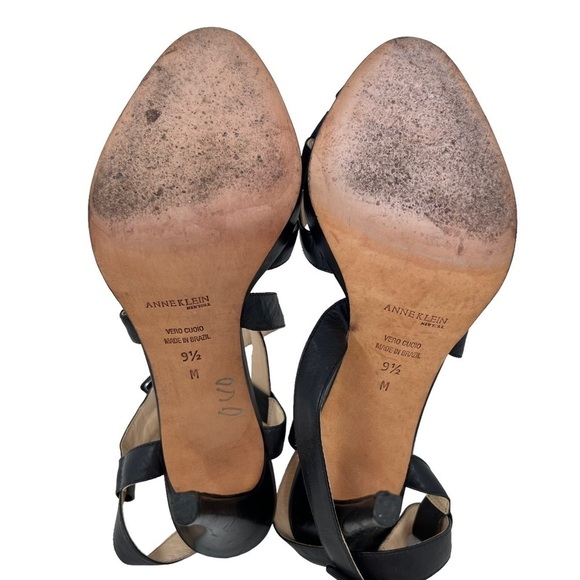 Anne Klein Black Leather Strappy Peep Toe Slingback Platform Stiletto Heels 9.5 - Picture 7 of 10